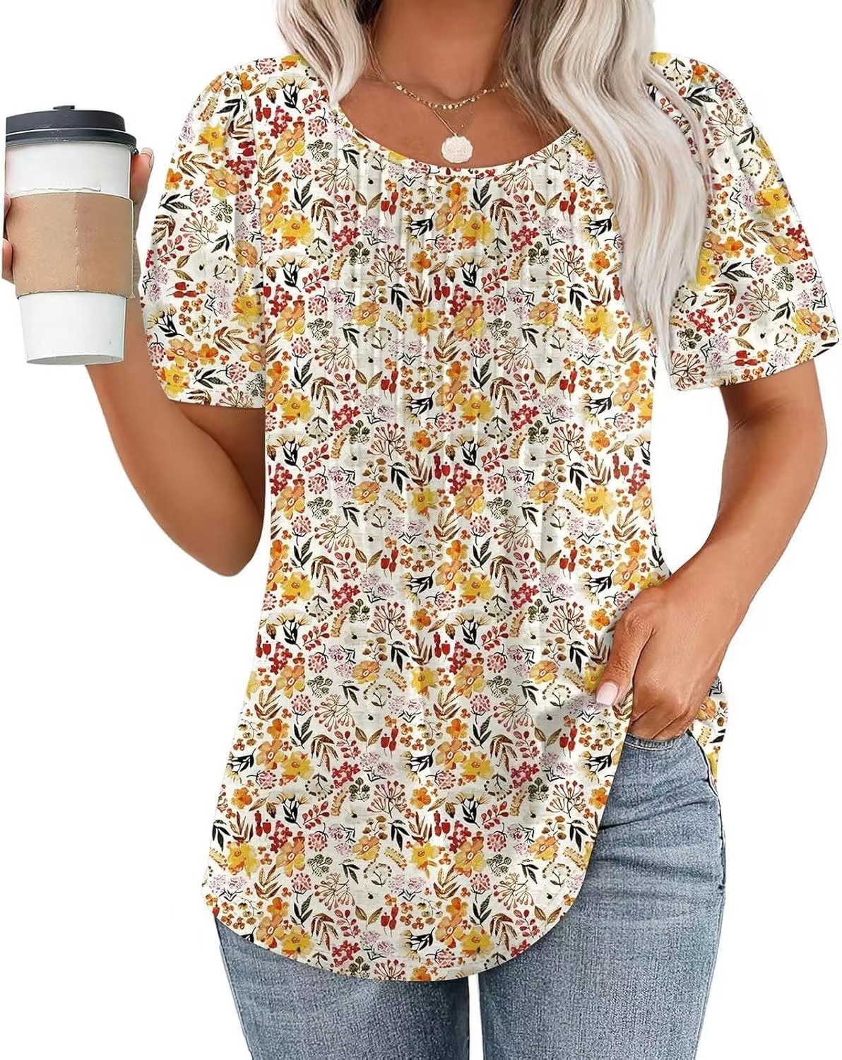 ZEAGOO Women's Floral Pleated Short Sleeve Blouse