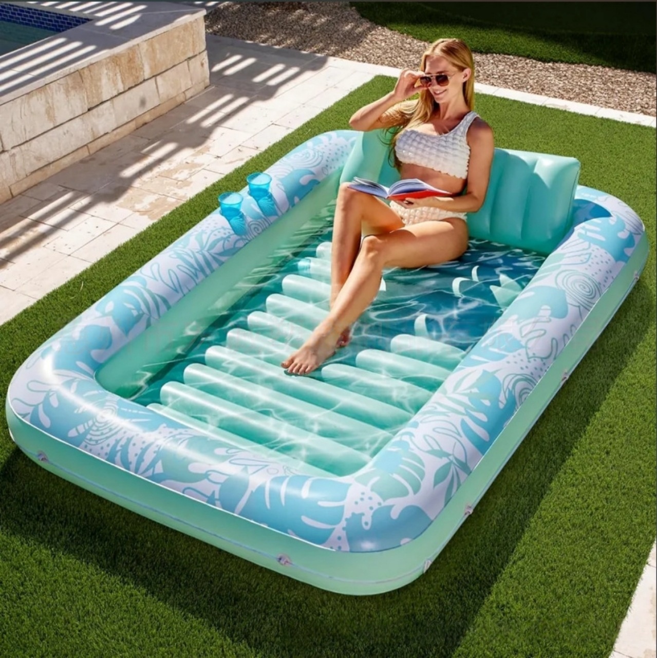 Sloosh Inflatable Tanning Pool Lounge Float with Cup Holder