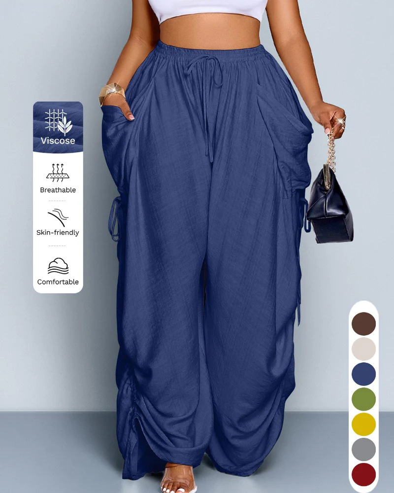 Hochtaillierte Damenhose mit Kordelzug, weites Bein, einfarbig – für Alltag & Sommer