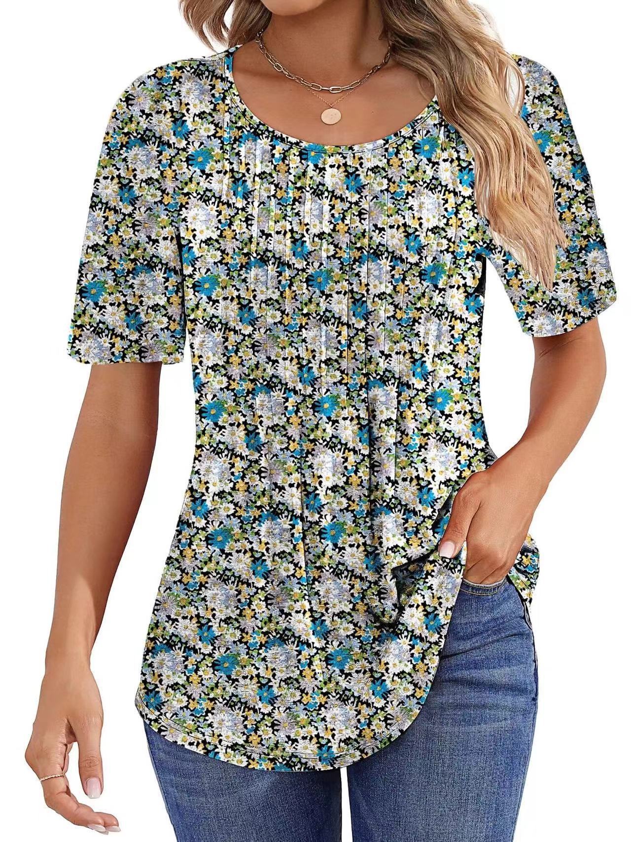 ZEAGOO Women's Floral Pleated Short Sleeve Blouse