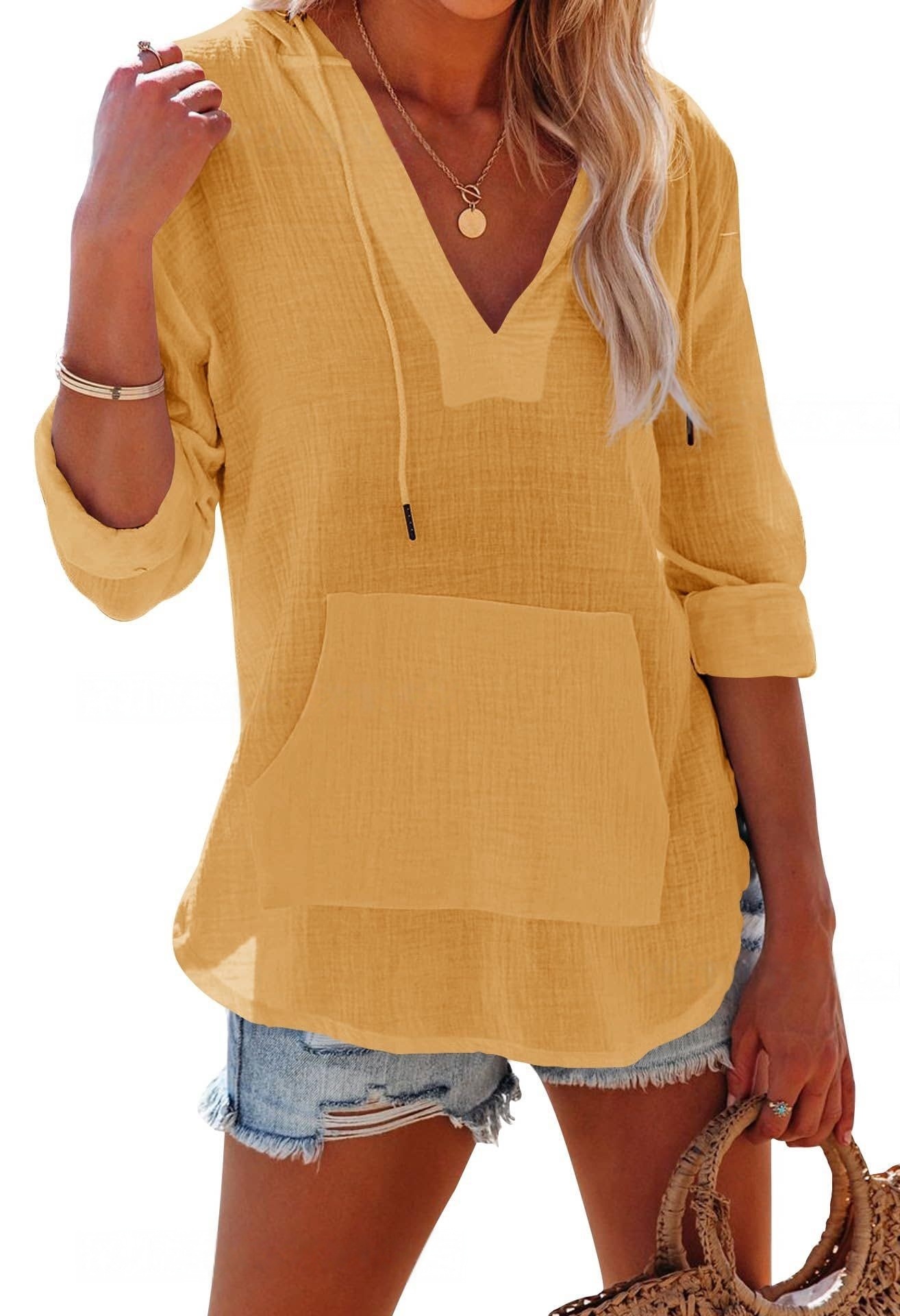 Imily Bela Women's Beach Cover Up hoodies sweatshirt Long Sleeve V Neck Pocketed Hooded Shirt Top