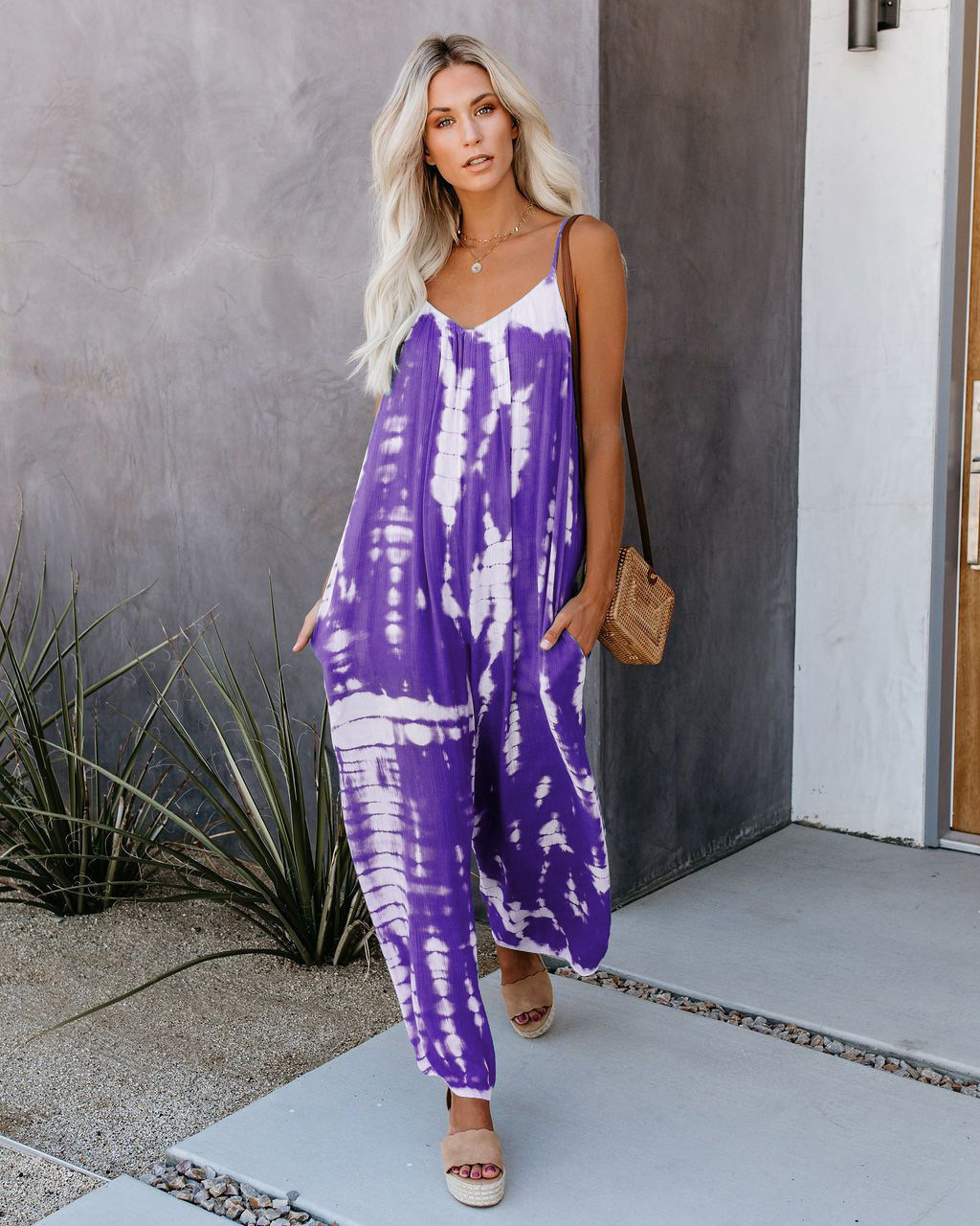 🌞 Damen Batik-Jumpsuit mit Spaghettiträgern – Weites Bein, locker & sommerlich 👗