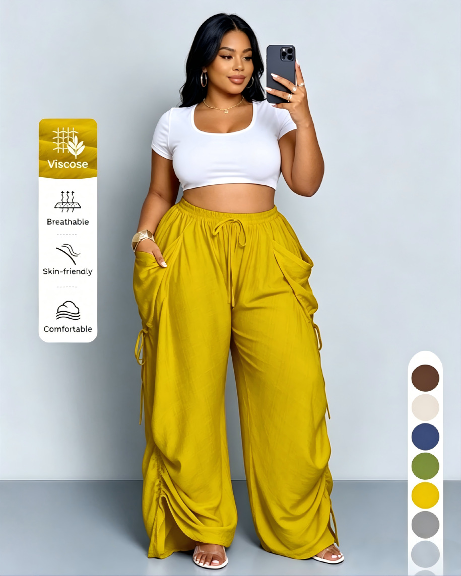 Hochtaillierte Damenhose mit Kordelzug, weites Bein, einfarbig – für Alltag & Sommer