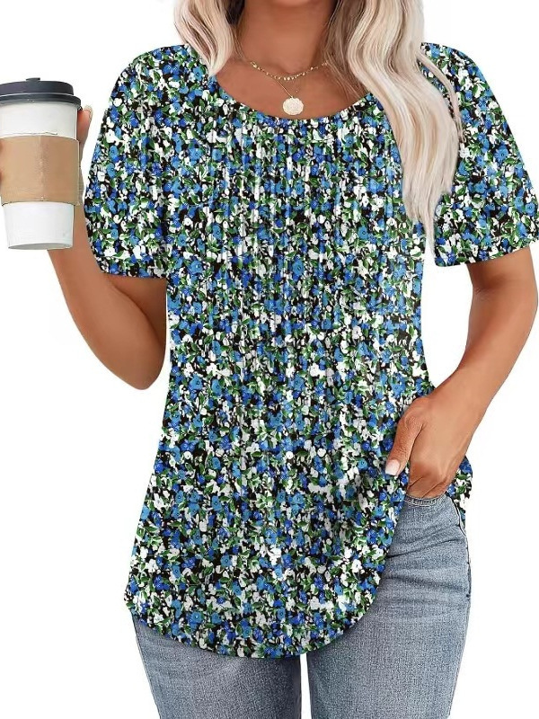 ZEAGOO Women's Floral Pleated Short Sleeve Blouse