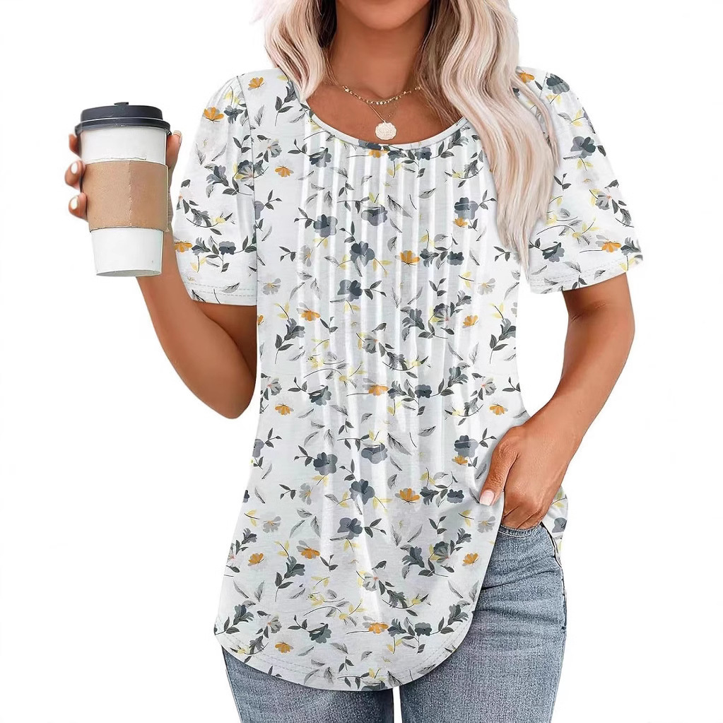 ZEAGOO Women's Floral Pleated Short Sleeve Blouse