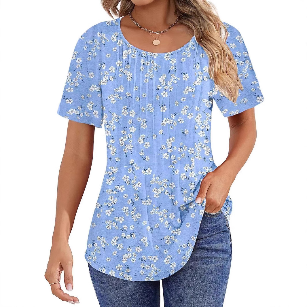 ZEAGOO Women's Floral Pleated Short Sleeve Blouse