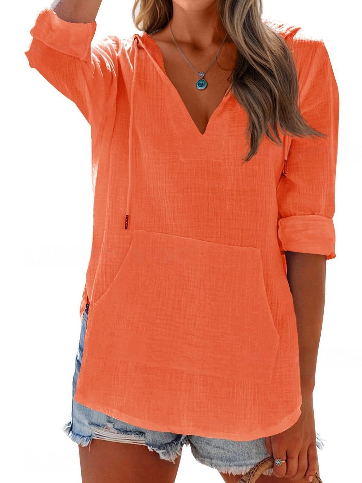 Imily Bela Women's Beach Cover Up hoodies sweatshirt Long Sleeve V Neck Pocketed Hooded Shirt Top