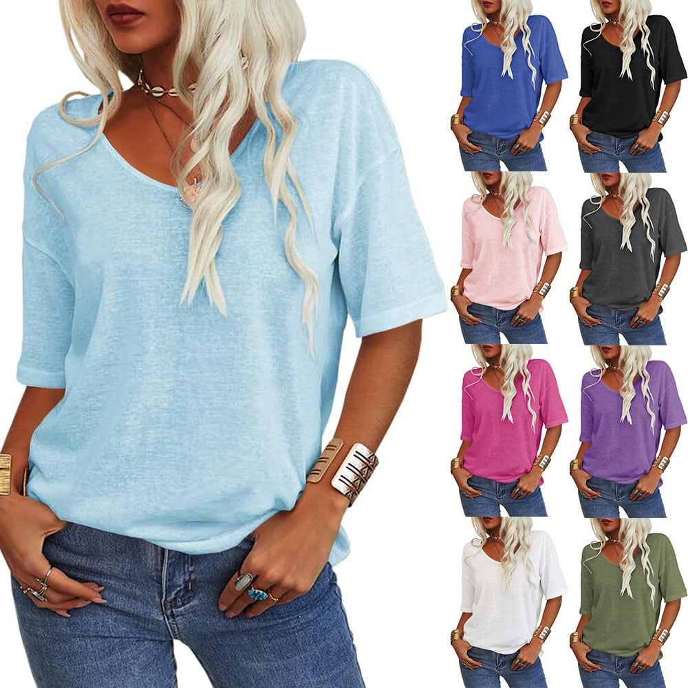 Einfarbiges T-Shirt mit V-Ausschnitt für Damen