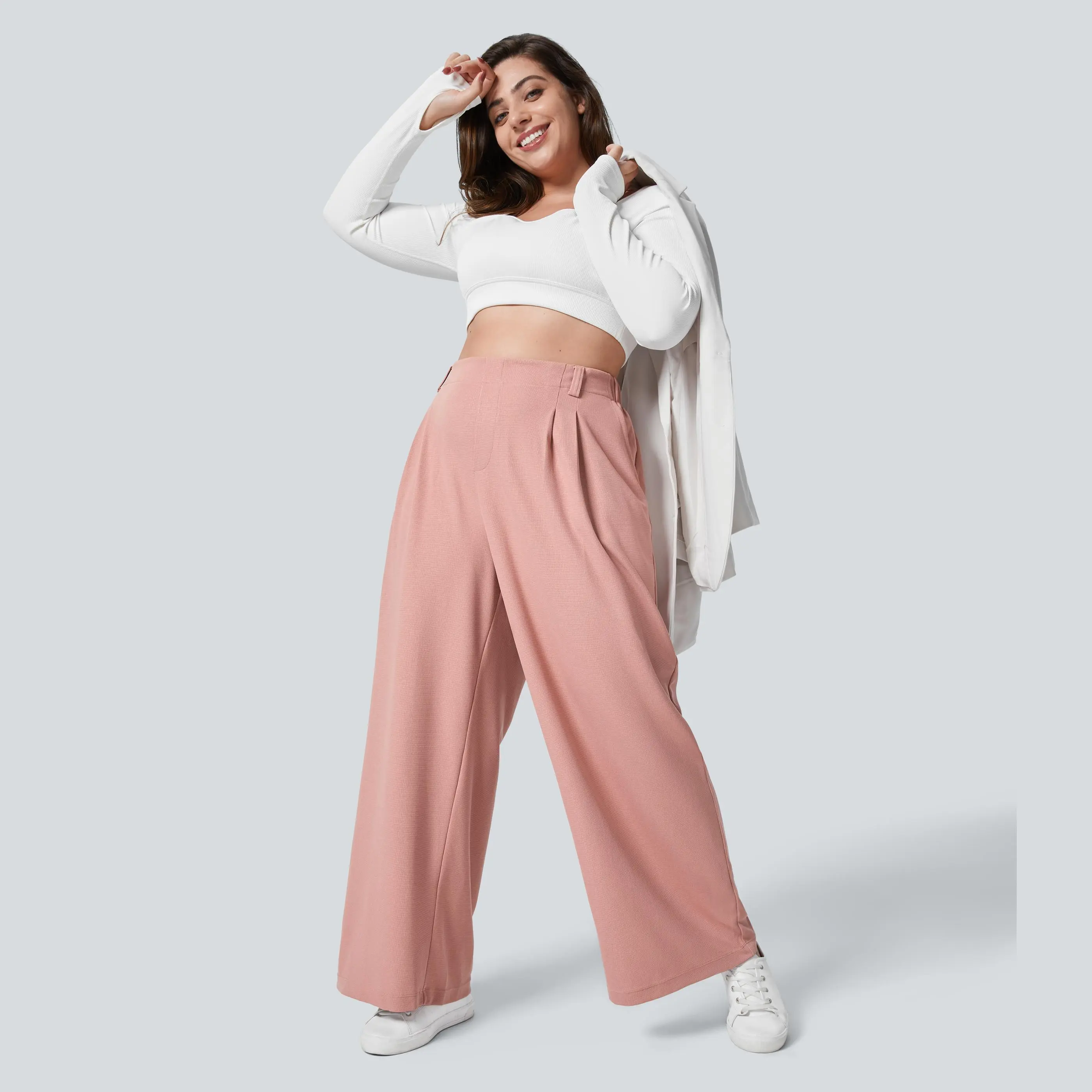 Damen High-Waist Hose mit Seitentaschen – Weites Bein, Waffelstruktur, für Arbeit & Alltag – Plus Size