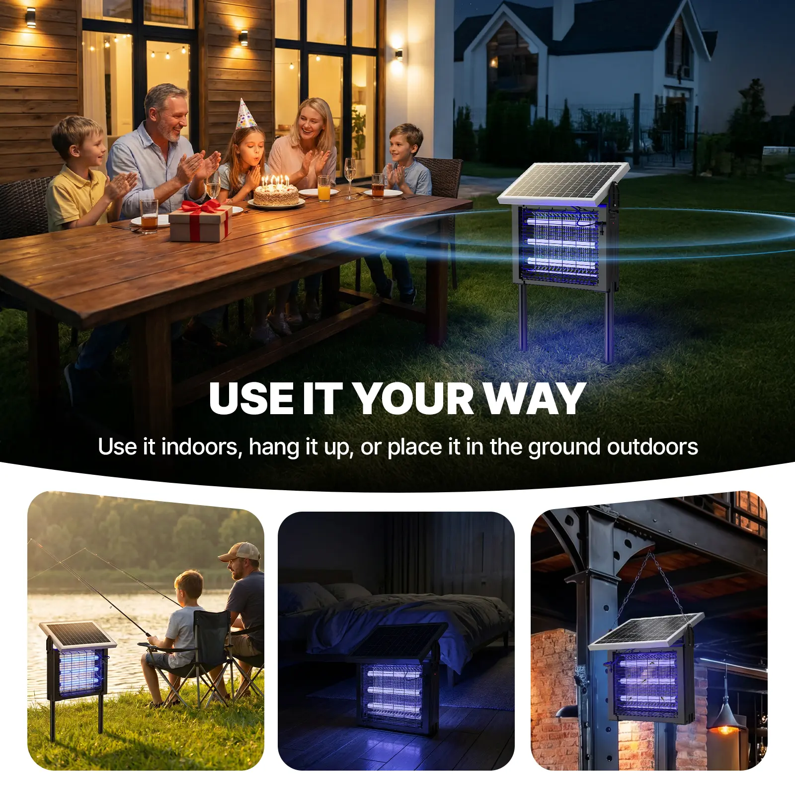 Solar-Insektenvernichter mit UV-Licht & 3.500V Hochspannungsgitter – IPX4 wasserdicht, USB & Solar