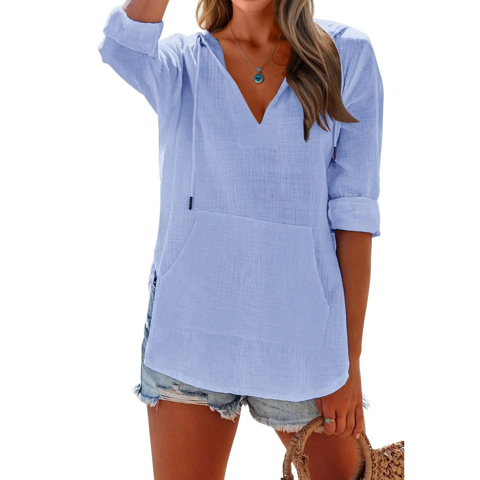 Imily Bela Women's Beach Cover Up hoodies sweatshirt Long Sleeve V Neck Pocketed Hooded Shirt Top
