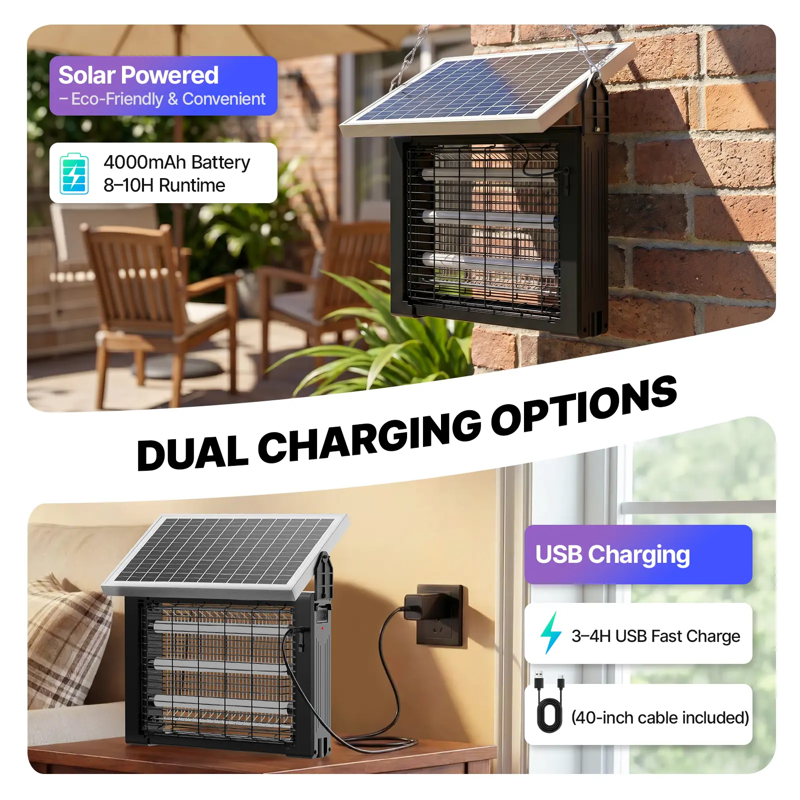 Solar-Insektenvernichter mit UV-Licht & 3.500V Hochspannungsgitter – IPX4 wasserdicht, USB & Solar