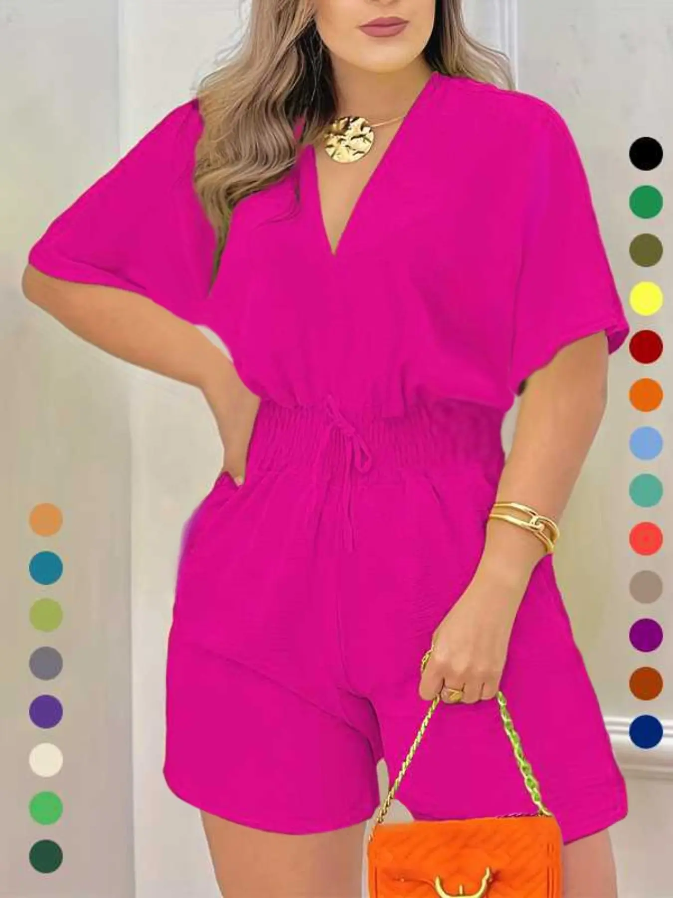 Damen V-Ausschnitt Romper mit Kordelzug in der Taille – Sommer-Mode
