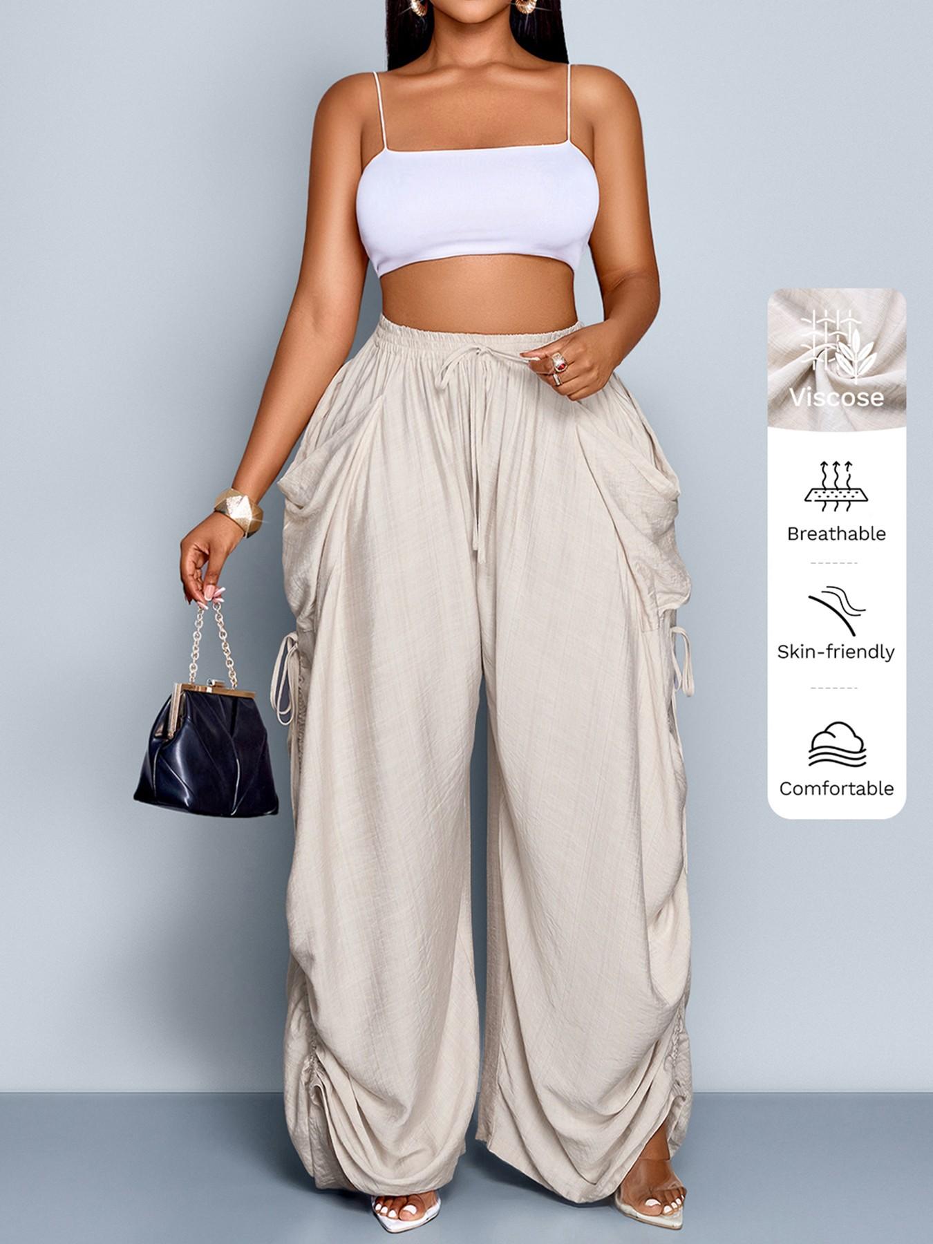 Aliling Women's Summer Casual Basic Solid Color High-Waisted Wide-Leg Bottom Pants, Adjustable Drawstring Side Regular Fit Pants for All Seasons