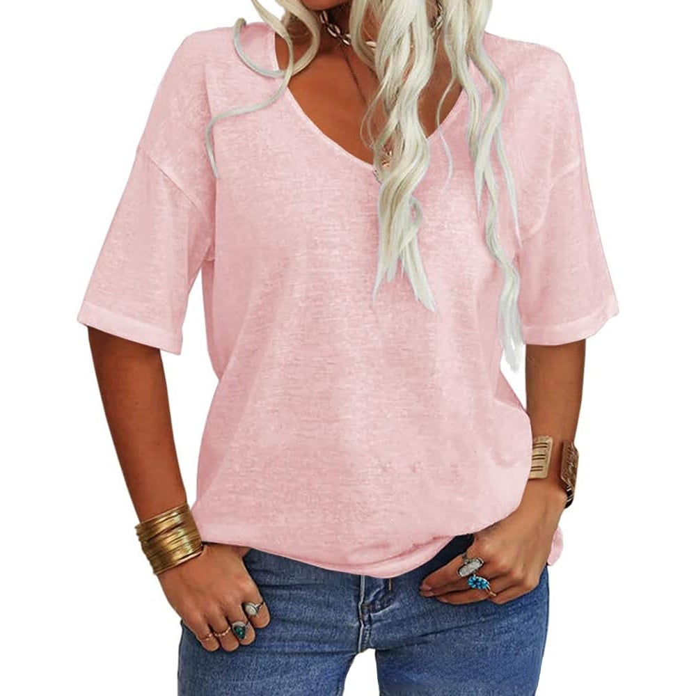 Einfarbiges T-Shirt mit V-Ausschnitt für Damen