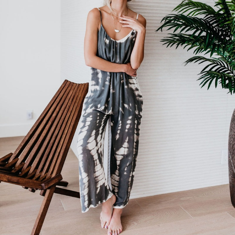 🌞 Damen Batik-Jumpsuit mit Spaghettiträgern – Weites Bein, locker & sommerlich 👗