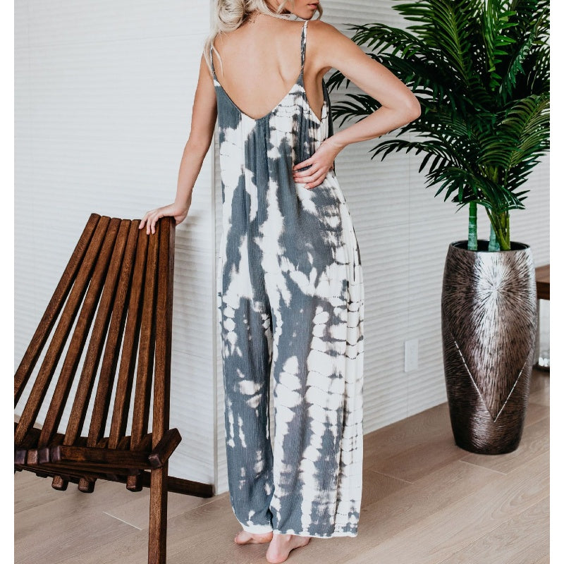 🌞 Damen Batik-Jumpsuit mit Spaghettiträgern – Weites Bein, locker & sommerlich 👗