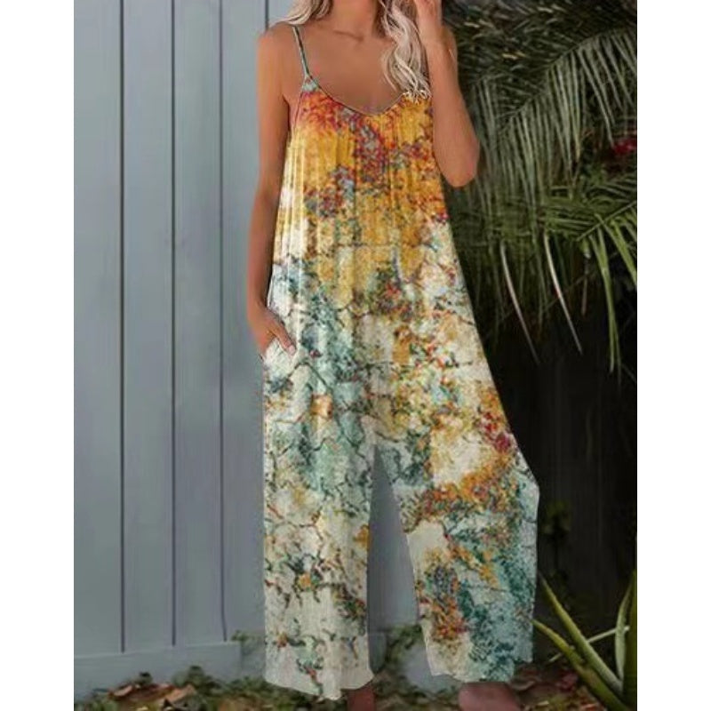 🌞 Damen Batik-Jumpsuit mit Spaghettiträgern – Weites Bein, locker & sommerlich 👗