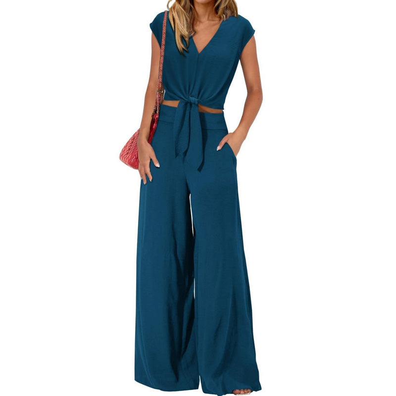 👗  Women's V-Neck Tie-Front Top & Wide-Leg Pants Set – Breathable Linen, Flattering Fit & Versatile Style ✨
