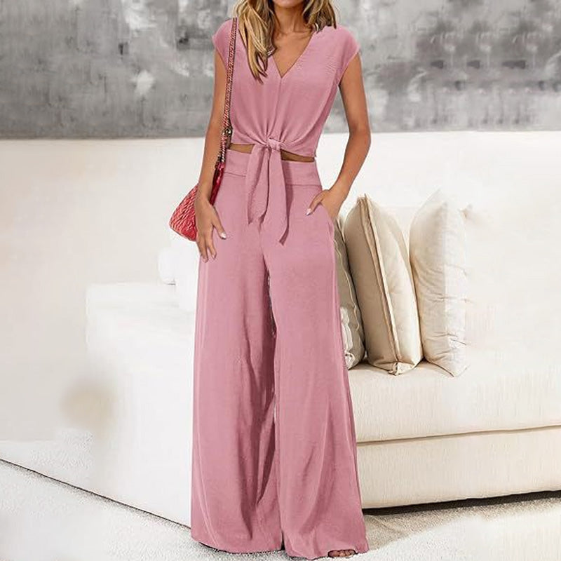 👗  Women's V-Neck Tie-Front Top & Wide-Leg Pants Set – Breathable Linen, Flattering Fit & Versatile Style ✨