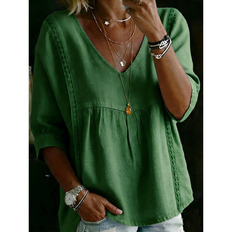 🌸2026 Neuheiten – 50% Rabatt: Damen lässige V-Neck-Bluse mit Spitzenbesatz
