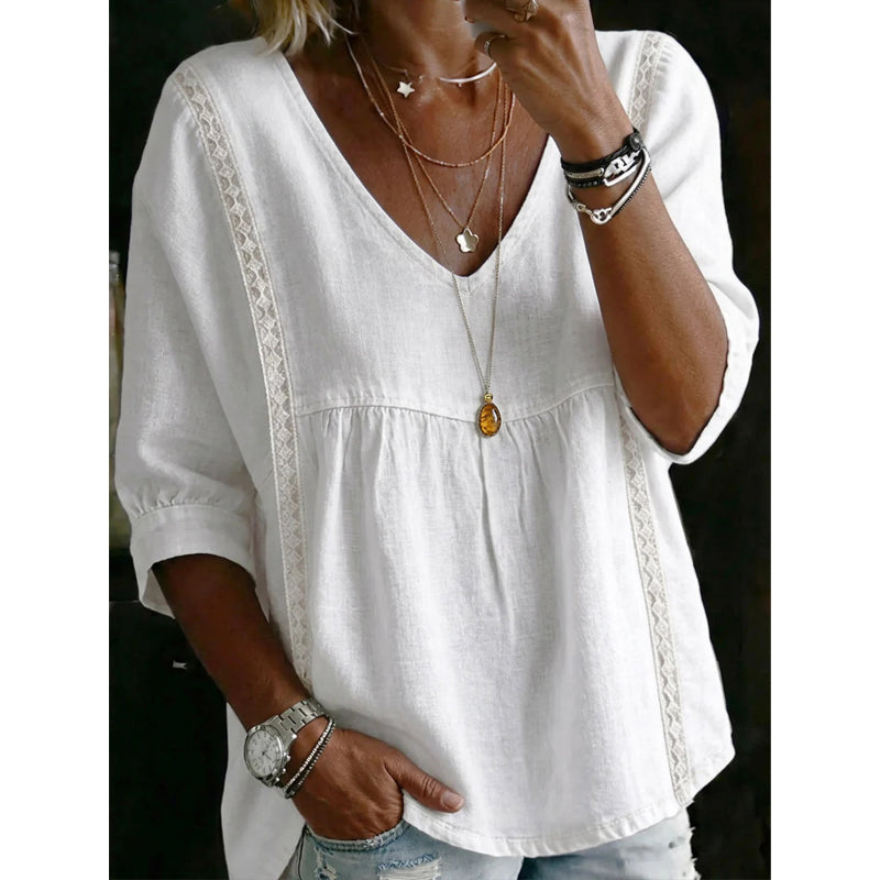 🌸2026 Neuheiten – 50% Rabatt: Damen lässige V-Neck-Bluse mit Spitzenbesatz