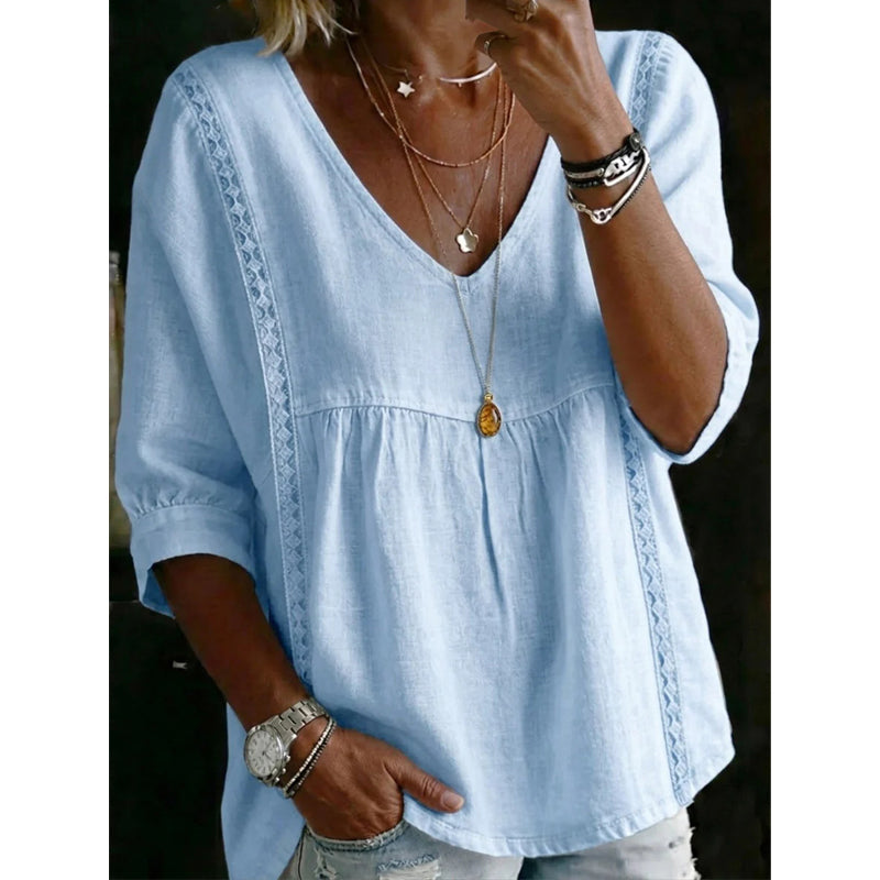 🌸2026 Neuheiten – 50% Rabatt: Damen lässige V-Neck-Bluse mit Spitzenbesatz