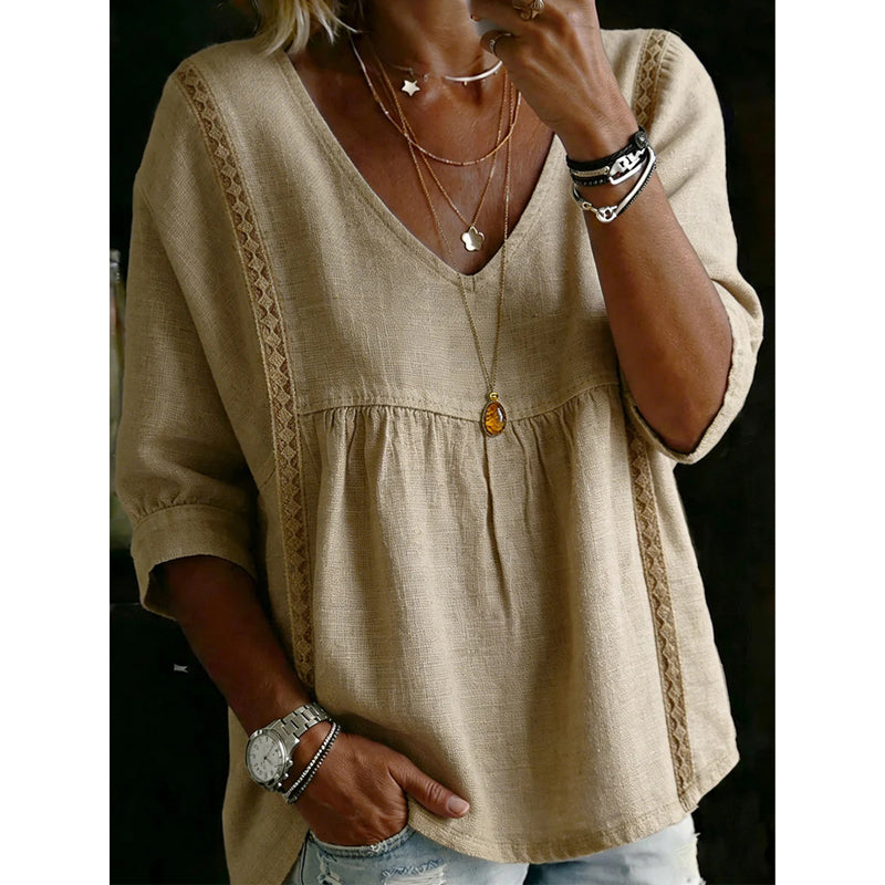 🌸2026 Neuheiten – 50% Rabatt: Damen lässige V-Neck-Bluse mit Spitzenbesatz