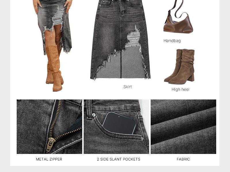Asvivid Women's High Waist Cowboy Denim Skirt, Casual Soft Cotton Midi with Asymmetrical Slit and Ripped Frayed Hem Asvivid Women's High Waist Cowboy Denim Skirt, Casual Soft Cotton Midi with Asymmetrical Slit and Ripped Frayed Hem