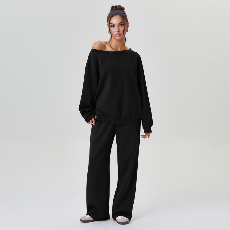 KatchMe Women's Leisure Solid Color Sloping Shoulder Long Sleeve Top & Wide Leg Trousers Co-ord, Cozy Scoop Neck Loose Two Piece Outfits, Basic Womenswear