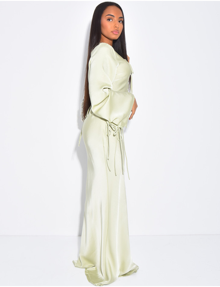 Very long dress in premium satin with tie fastening