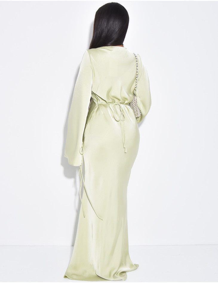 Very long dress in premium satin with tie fastening