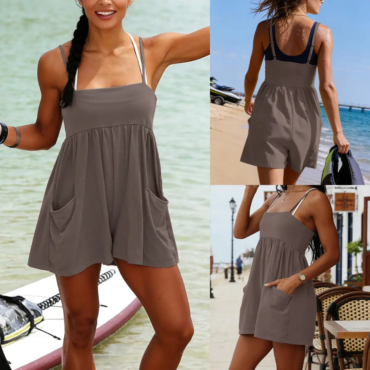 Women's Summer Cotton Strappy Romper | Casual Sleeveless Shorts Jumpsuit with Pockets
