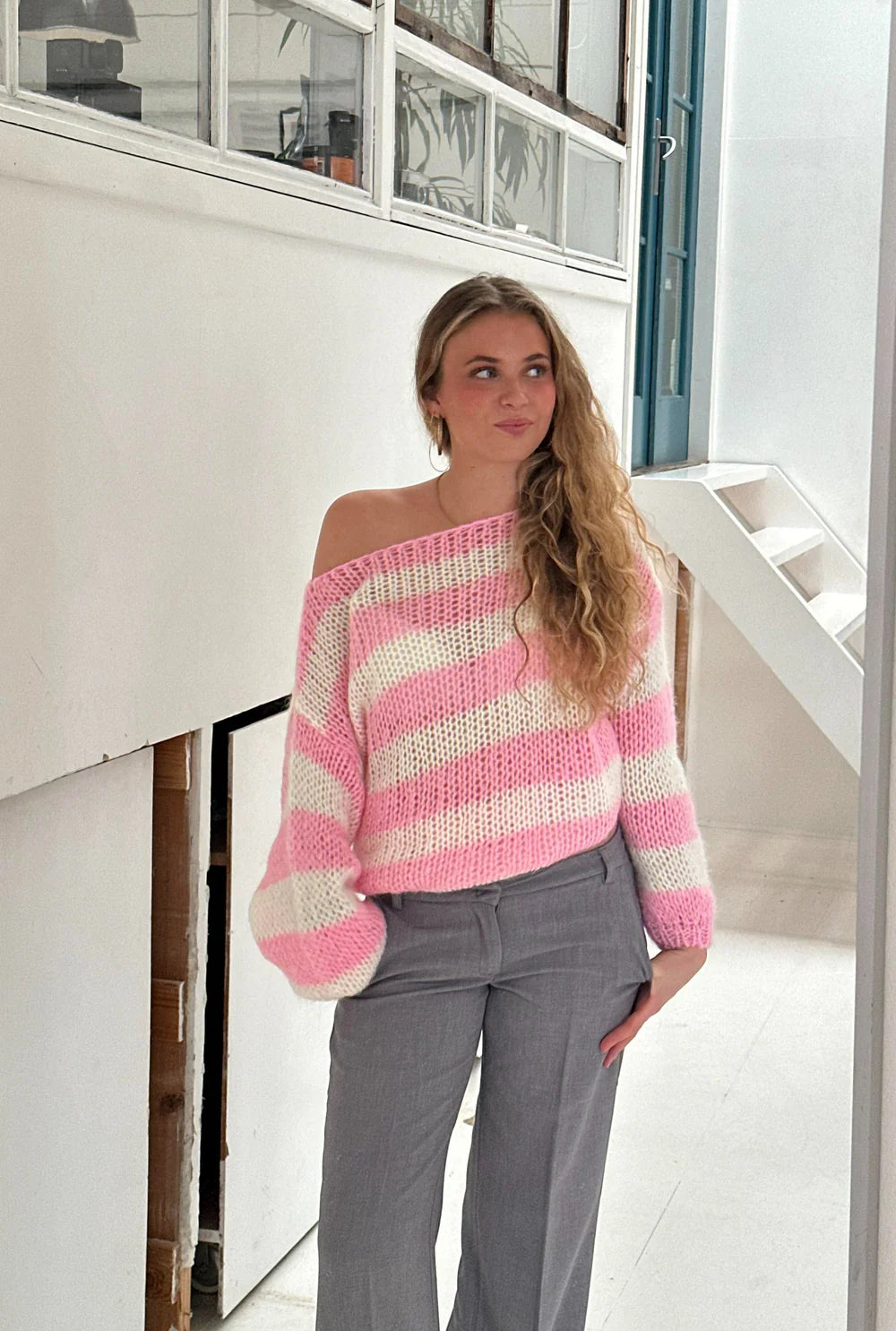 Women’s Round Neck Striped Oversized Relaxed Long Sleeve Knit Sweater💕