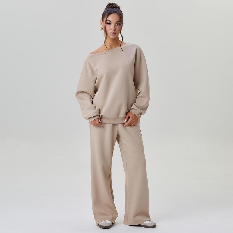 KatchMe Women's Leisure Solid Color Sloping Shoulder Long Sleeve Top & Wide Leg Trousers Co-ord, Cozy Scoop Neck Loose Two Piece Outfits, Basic Womenswear