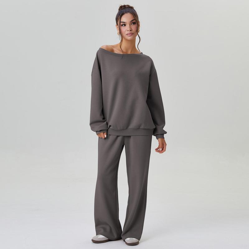 KatchMe Women's Leisure Solid Color Sloping Shoulder Long Sleeve Top & Wide Leg Trousers Co-ord, Cozy Scoop Neck Loose Two Piece Outfits, Basic Womenswear