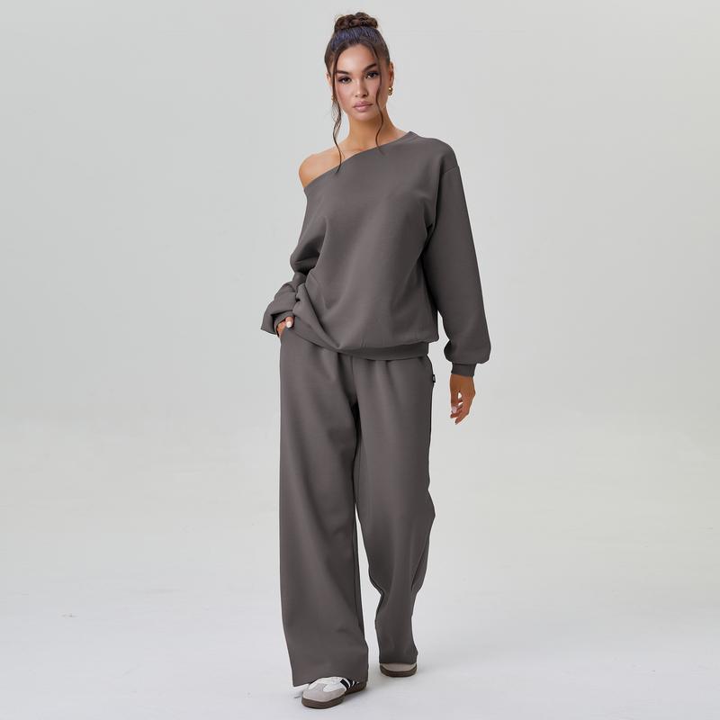KatchMe Women's Leisure Solid Color Sloping Shoulder Long Sleeve Top & Wide Leg Trousers Co-ord, Cozy Scoop Neck Loose Two Piece Outfits, Basic Womenswear