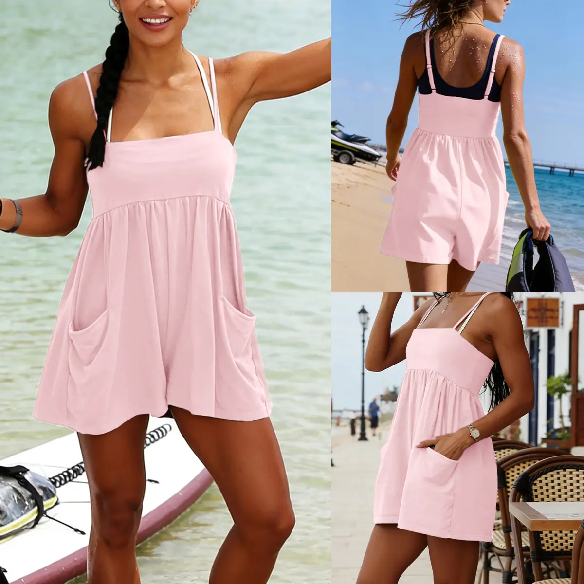 Women's Summer Cotton Strappy Romper | Casual Sleeveless Shorts Jumpsuit with Pockets