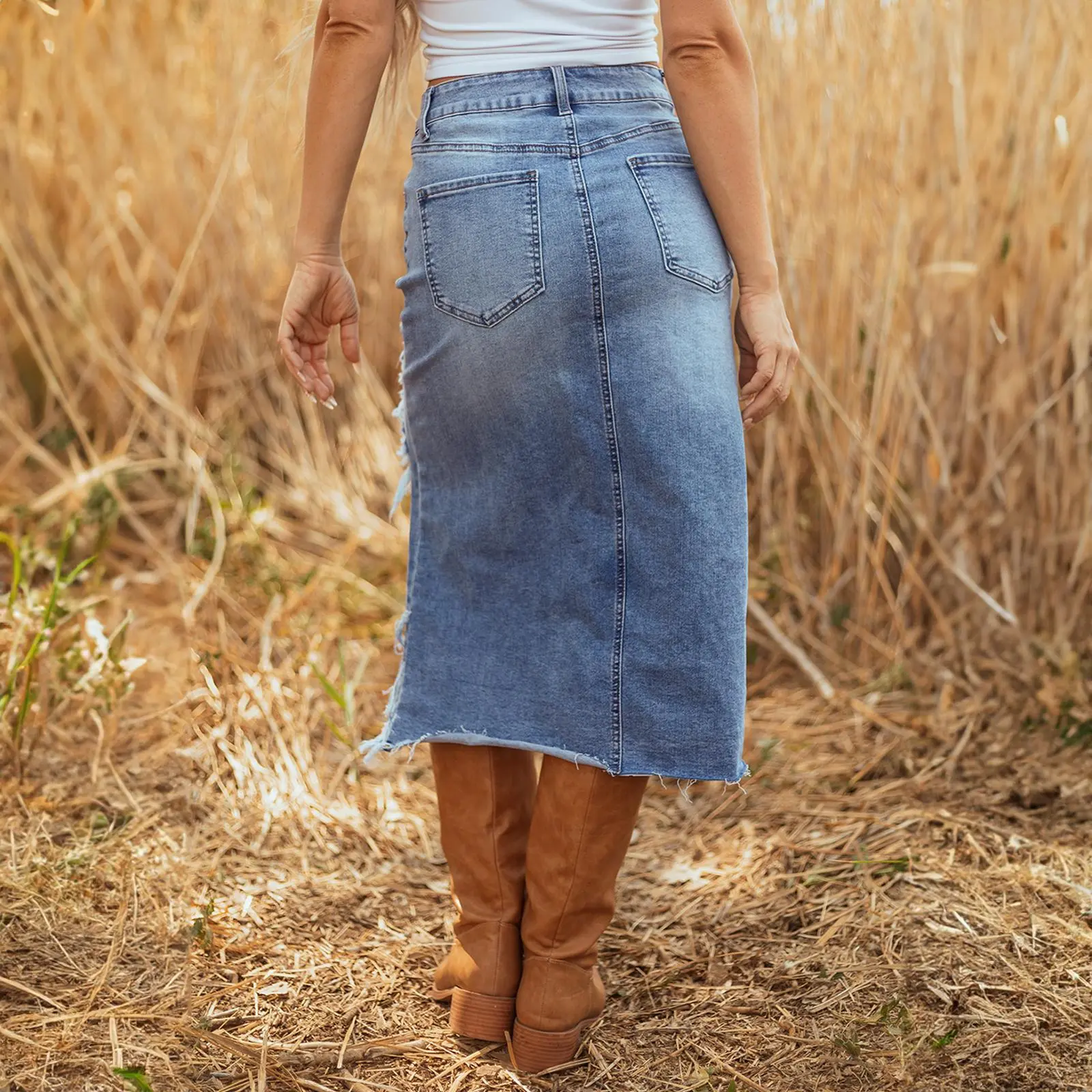 Women's High Waist Cowboy Denim Skirt, Casual Soft Cotton Midi with Asymmetrical Slit and Ripped Frayed Hem