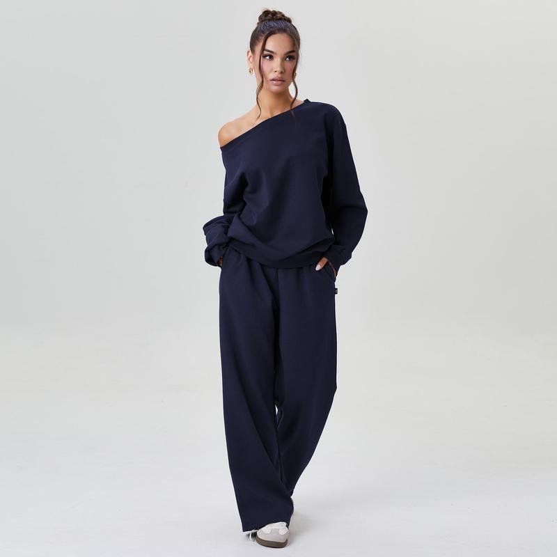 KatchMe Women's Leisure Solid Color Sloping Shoulder Long Sleeve Top & Wide Leg Trousers Co-ord, Cozy Scoop Neck Loose Two Piece Outfits, Basic Womenswear