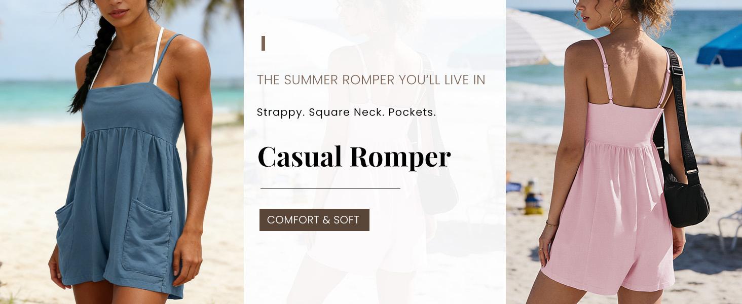 YeeZaa Summer Strappy Romper 4th of July Holiday for Women Square Casual Oversized Workout Athletic Romper Neck Backless 95% Cotton Overalls 95%Cotton Spaghetti Strap Sleeveless One Piece Jumpsuit with Pockets Y2K Beach Vacation Outfit 2026 summerwins
