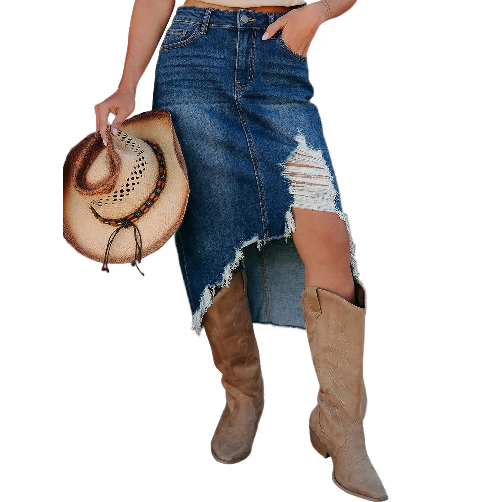 Women's High Waist Cowboy Denim Skirt, Casual Soft Cotton Midi with Asymmetrical Slit and Ripped Frayed Hem