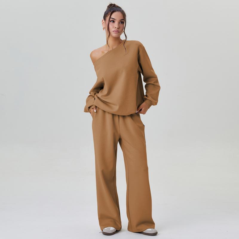 KatchMe Women's Leisure Solid Color Sloping Shoulder Long Sleeve Top & Wide Leg Trousers Co-ord, Cozy Scoop Neck Loose Two Piece Outfits, Basic Womenswear