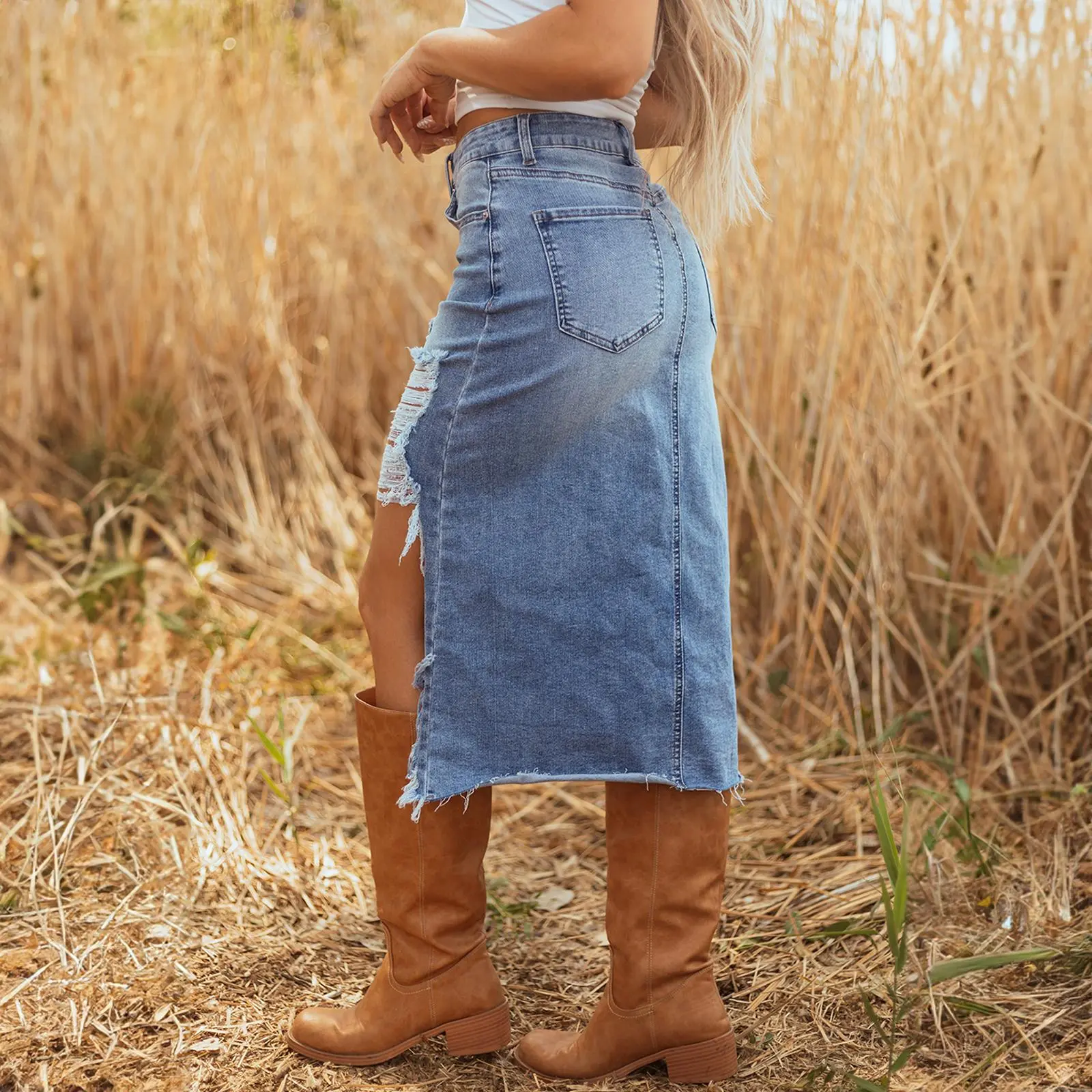 Women's High Waist Cowboy Denim Skirt, Casual Soft Cotton Midi with Asymmetrical Slit and Ripped Frayed Hem