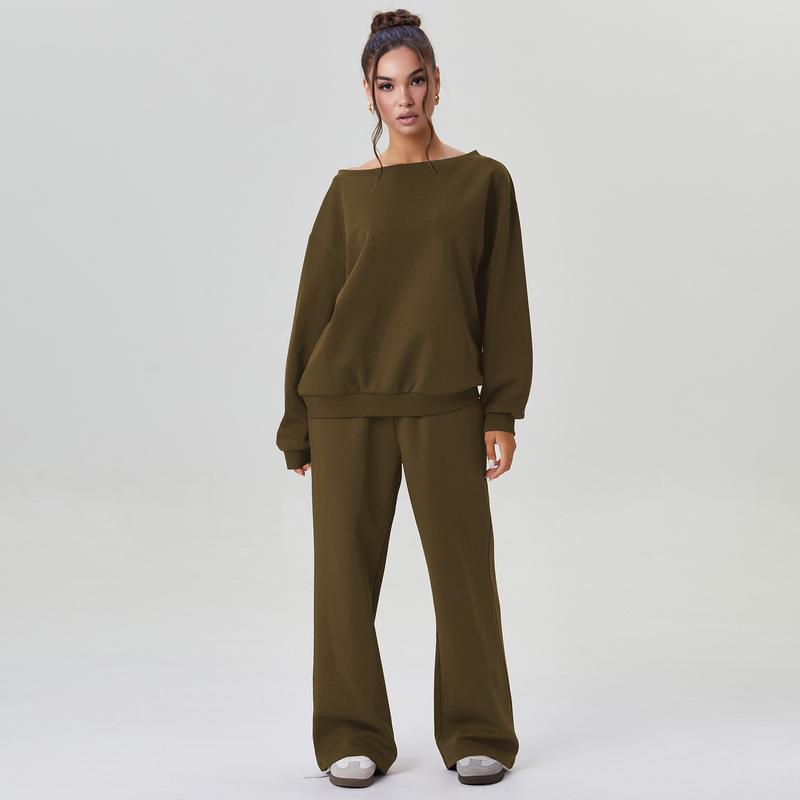 KatchMe Women's Leisure Solid Color Sloping Shoulder Long Sleeve Top & Wide Leg Trousers Co-ord, Cozy Scoop Neck Loose Two Piece Outfits, Basic Womenswear