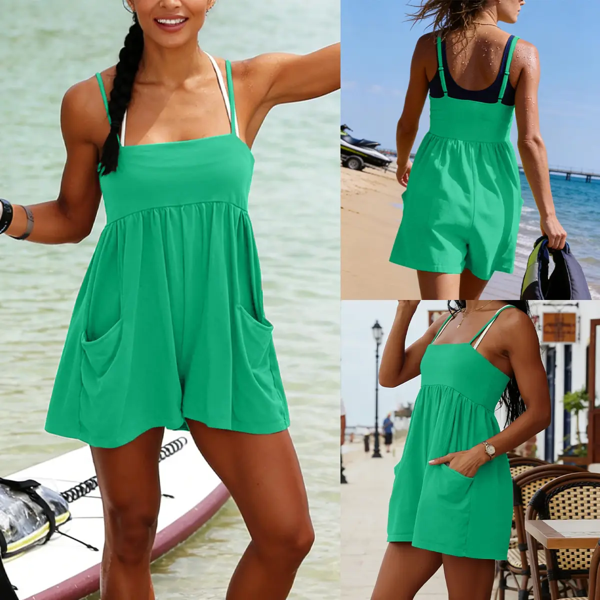 Women's Summer Cotton Strappy Romper | Casual Sleeveless Shorts Jumpsuit with Pockets