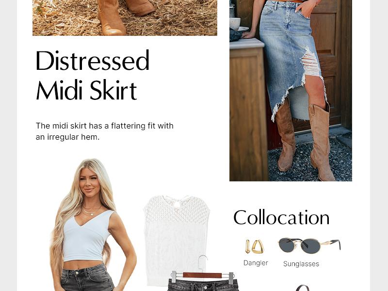 Asvivid Women's High Waist Cowboy Denim Skirt, Casual Soft Cotton Midi with Asymmetrical Slit and Ripped Frayed Hem Asvivid Women's High Waist Cowboy Denim Skirt, Casual Soft Cotton Midi with Asymmetrical Slit and Ripped Frayed Hem