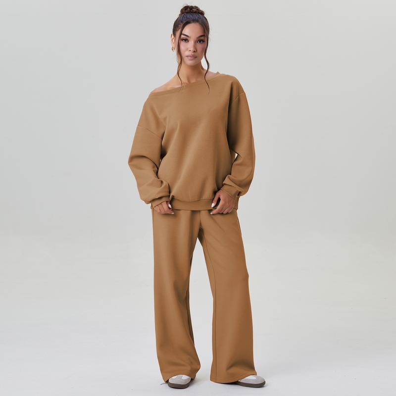 KatchMe Women's Leisure Solid Color Sloping Shoulder Long Sleeve Top & Wide Leg Trousers Co-ord, Cozy Scoop Neck Loose Two Piece Outfits, Basic Womenswear