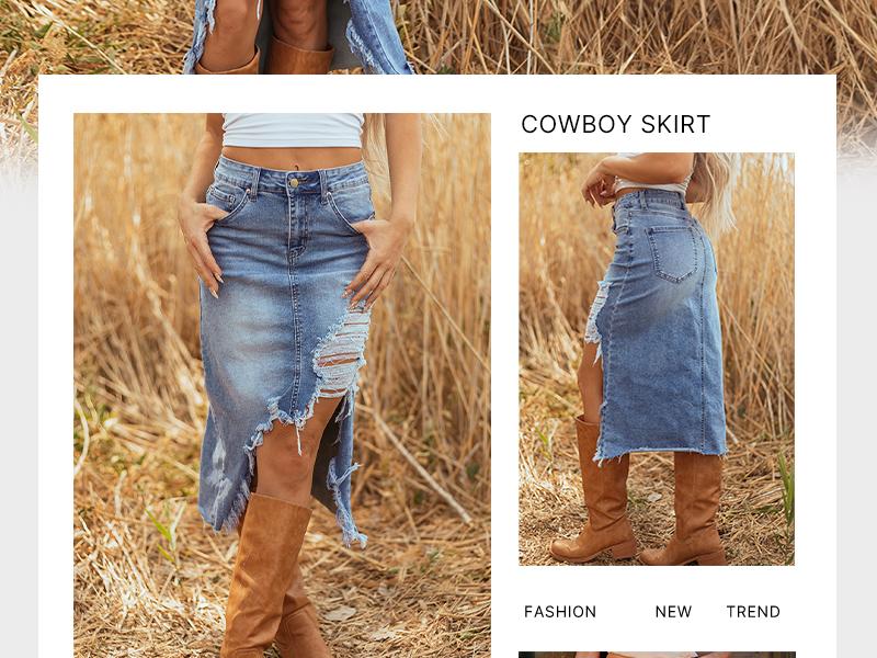 Asvivid Women's High Waist Cowboy Denim Skirt, Casual Soft Cotton Midi with Asymmetrical Slit and Ripped Frayed Hem Asvivid Women's High Waist Cowboy Denim Skirt, Casual Soft Cotton Midi with Asymmetrical Slit and Ripped Frayed Hem
