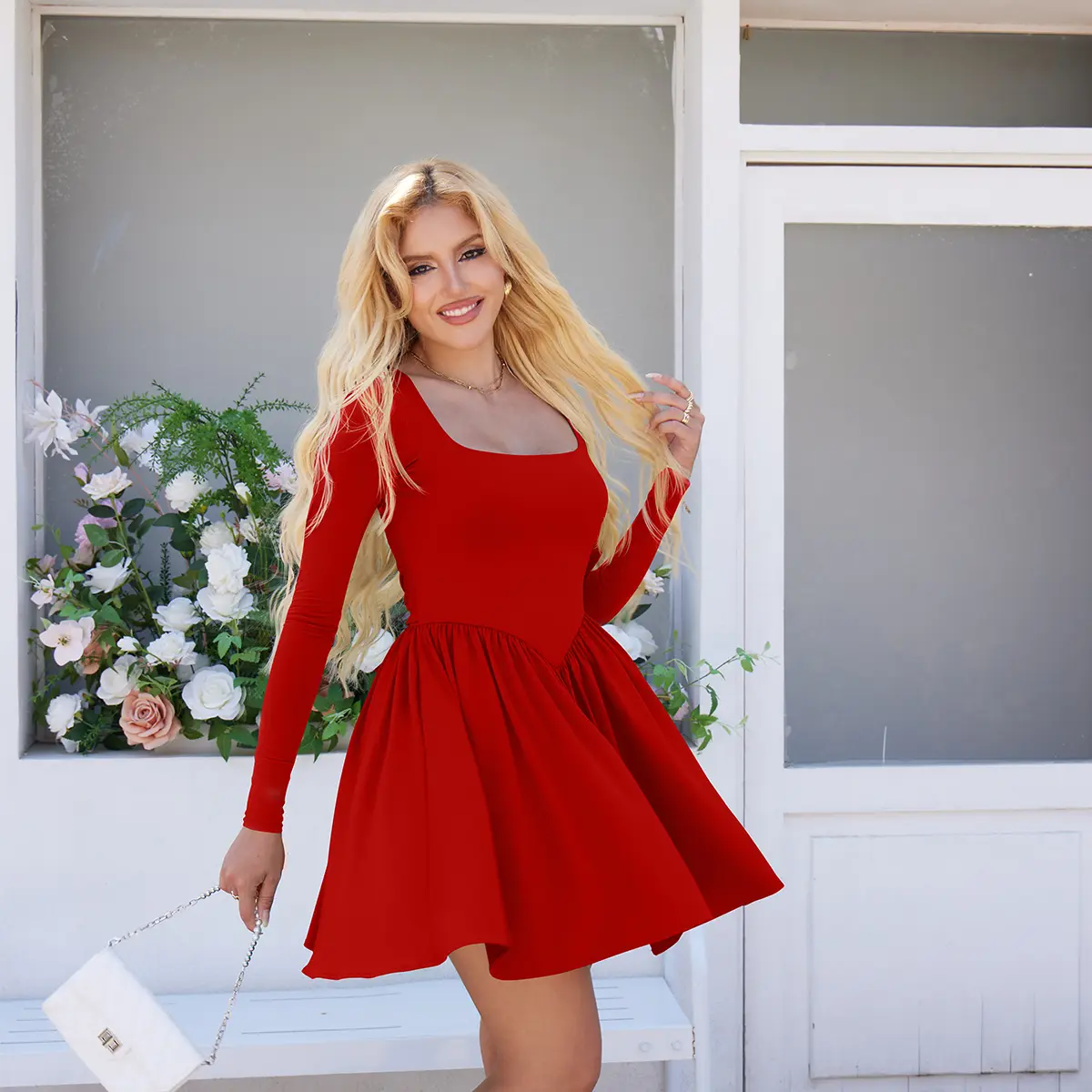 Women's Casual Long Sleeve Square Neck Back Belt A Line Ruffle Hem Mini Dress with Pockets